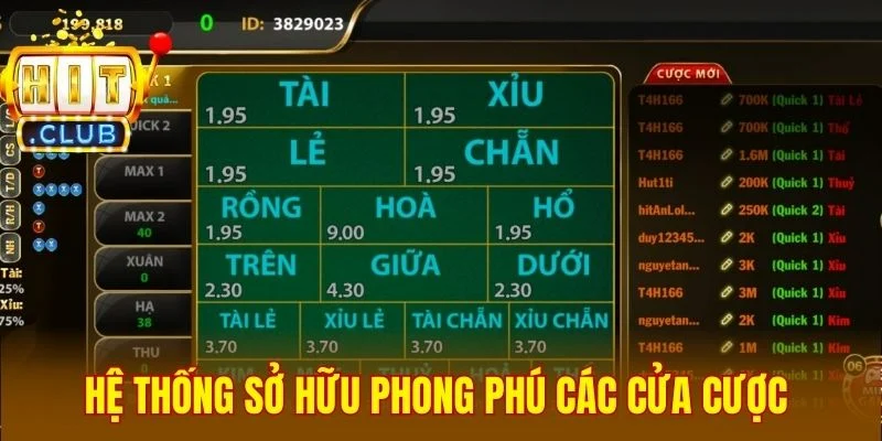 Hệ thống sở hữu phong phú các cửa cược